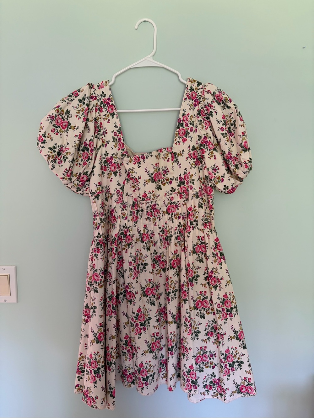 Floral Puff Sleeve Mini Dress - Pink on Cream
